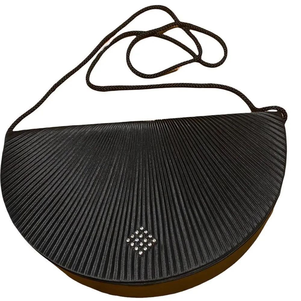 Jacobsons Black Crescent Pleated Front Jeweled Embellishment Rope Handle Clutch